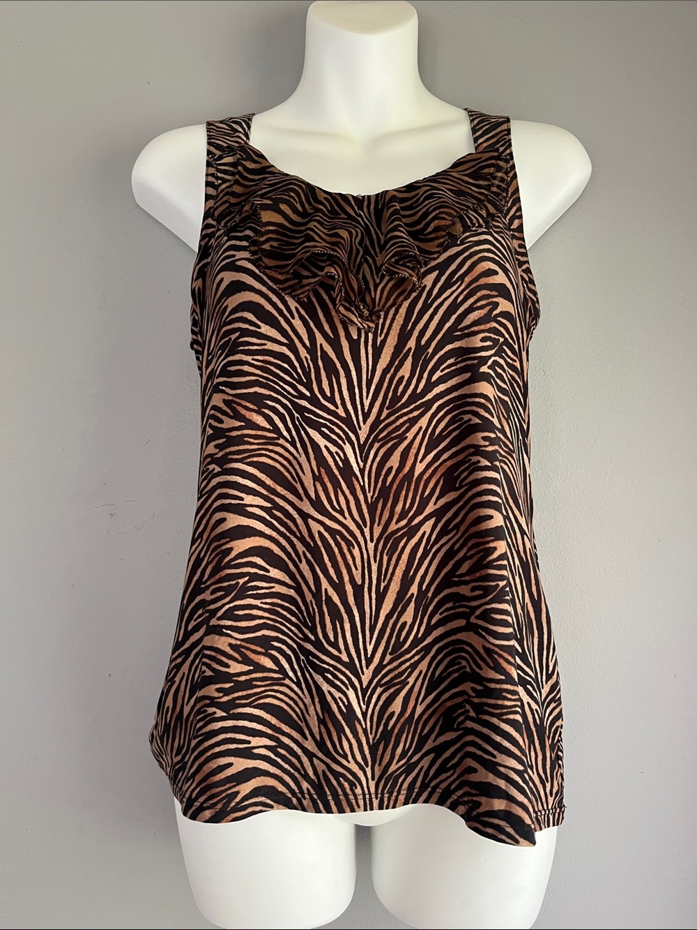 White House Black Market Black and Brown Zebra-Print Ruffle-Neck Camisole